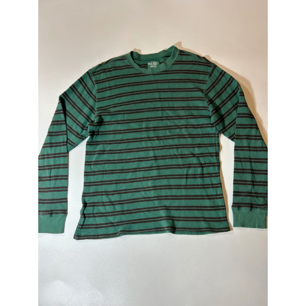 Old Navy Waffle Knit Thermal Mens Medium Green Striped Excellent Long Sleeve